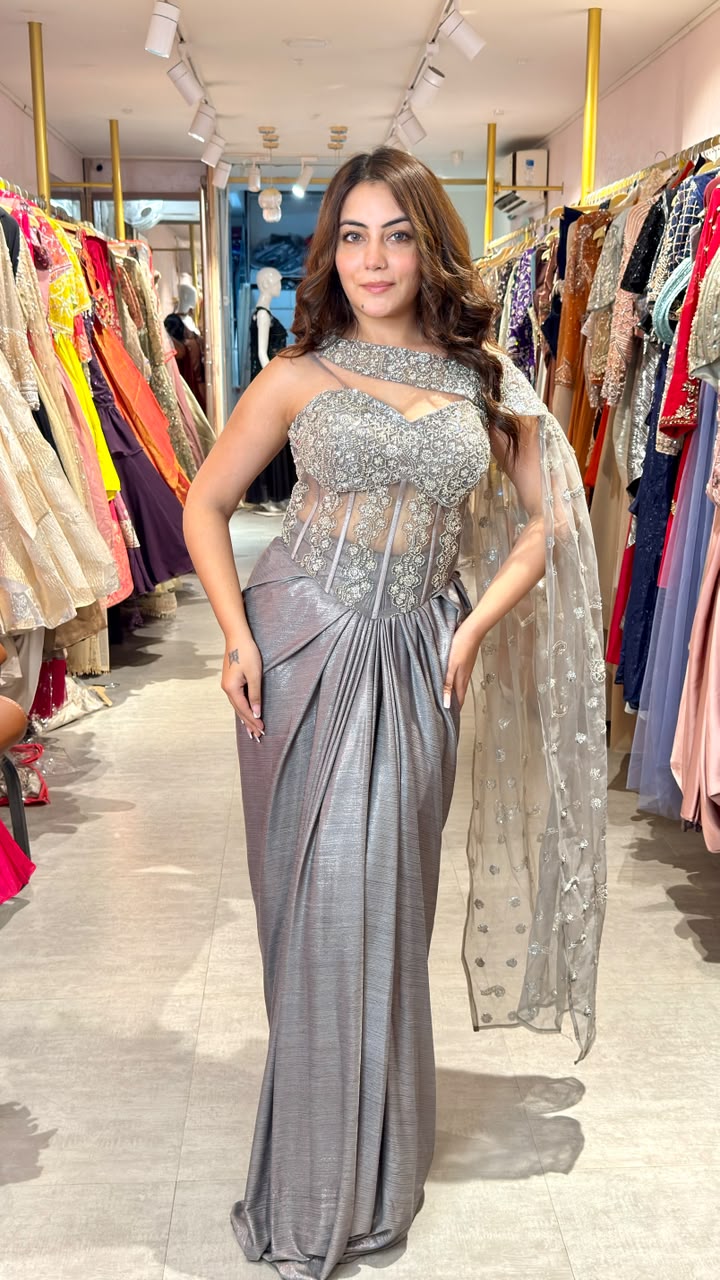 Designer Embellished Pre-Draped Saree Gown with Embroidered Corset Blouse