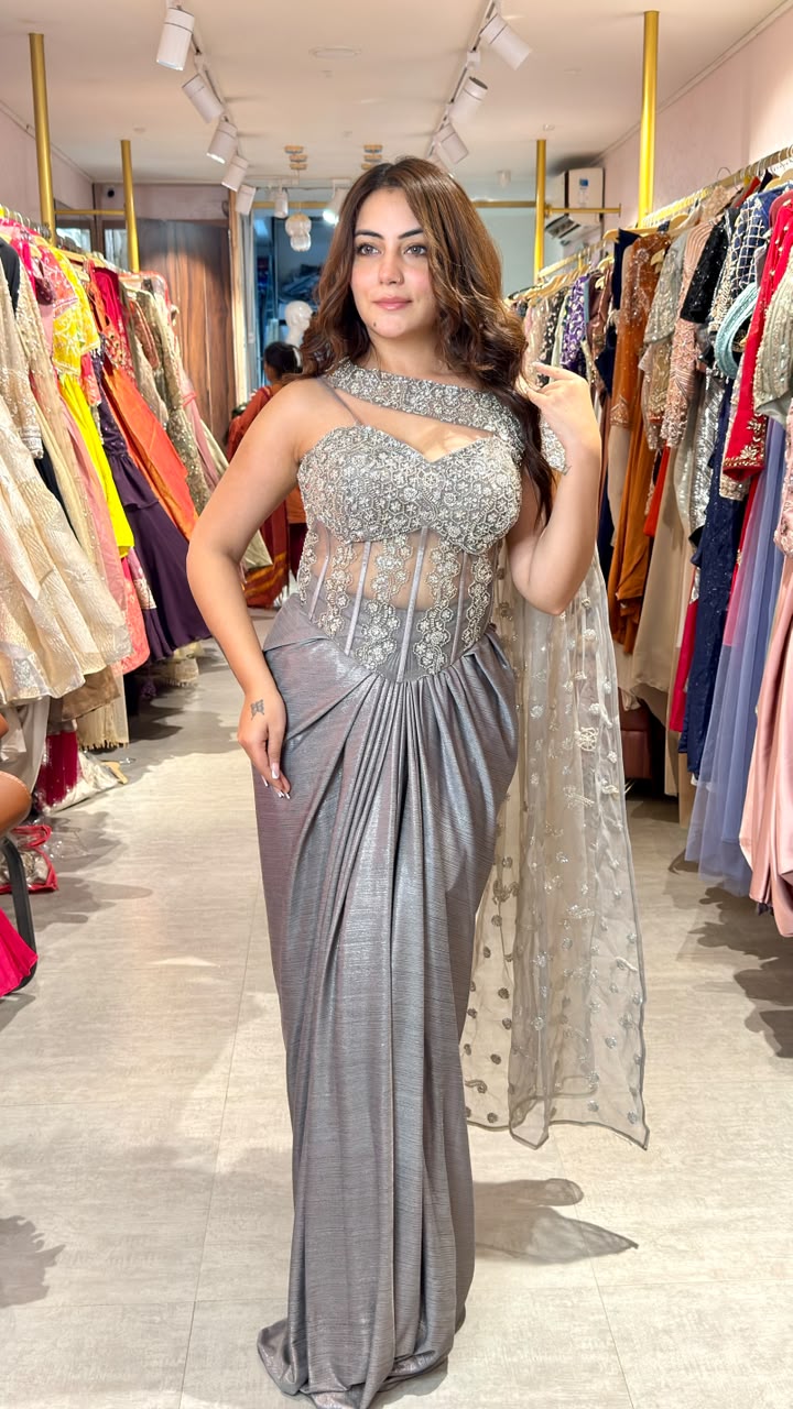 Designer Embellished Pre-Draped Saree Gown with Embroidered Corset Blouse