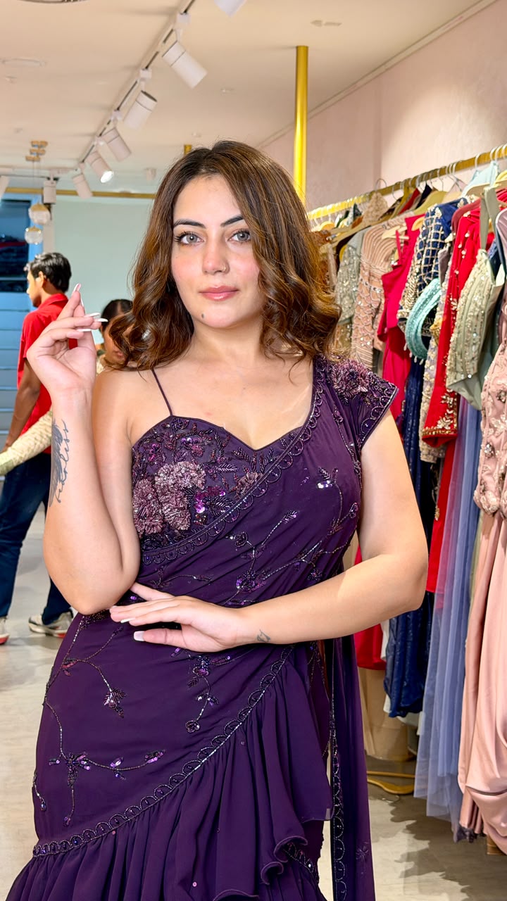 Wine Purple Ruffle Saree Gown