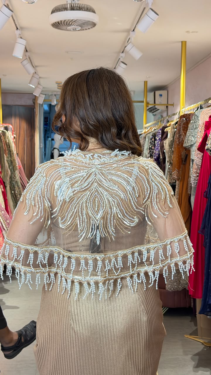 Champagne Gold Embellished Ready-to-Wear Saree with Cape Blouse