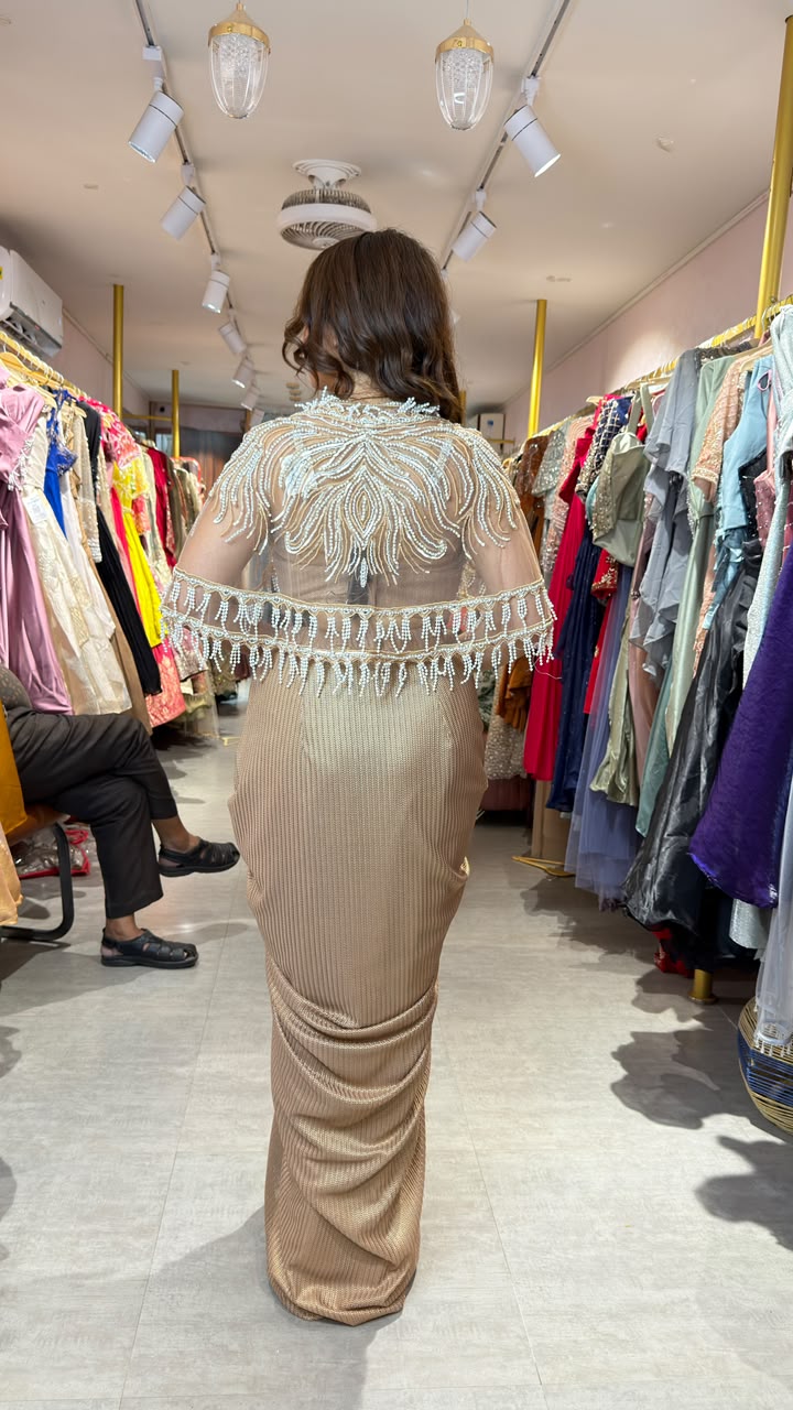 Champagne Gold Embellished Ready-to-Wear Saree with Cape Blouse