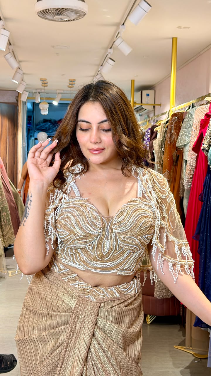 Champagne Gold Embellished Ready-to-Wear Saree with Cape Blouse