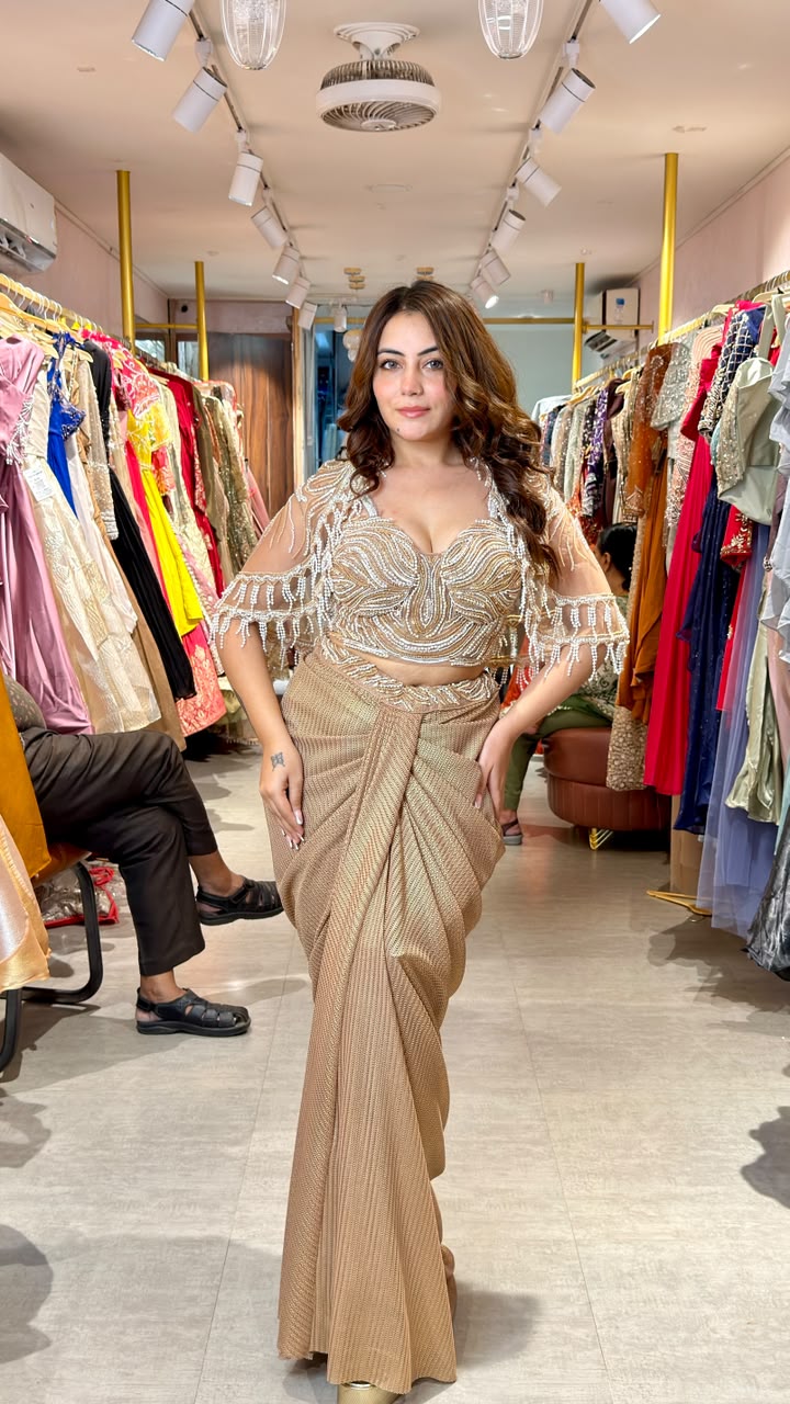 Champagne Gold Embellished Ready-to-Wear Saree with Cape Blouse