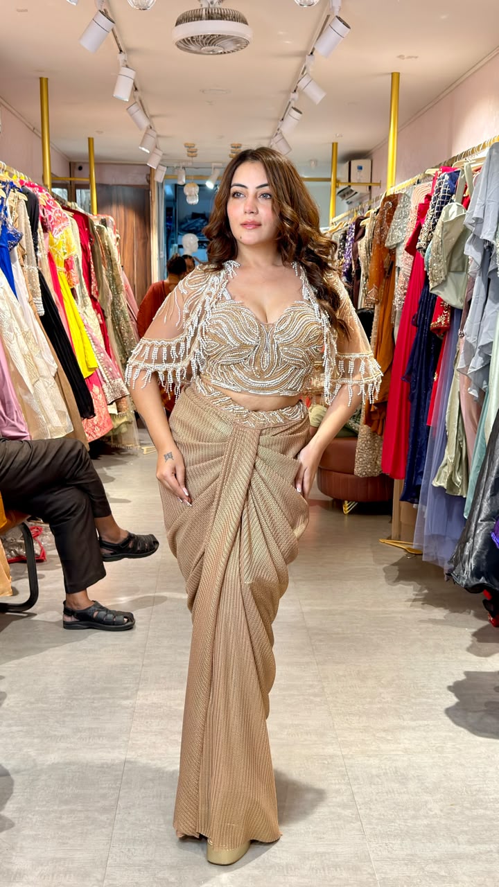 Champagne Gold Embellished Ready-to-Wear Saree with Cape Blouse