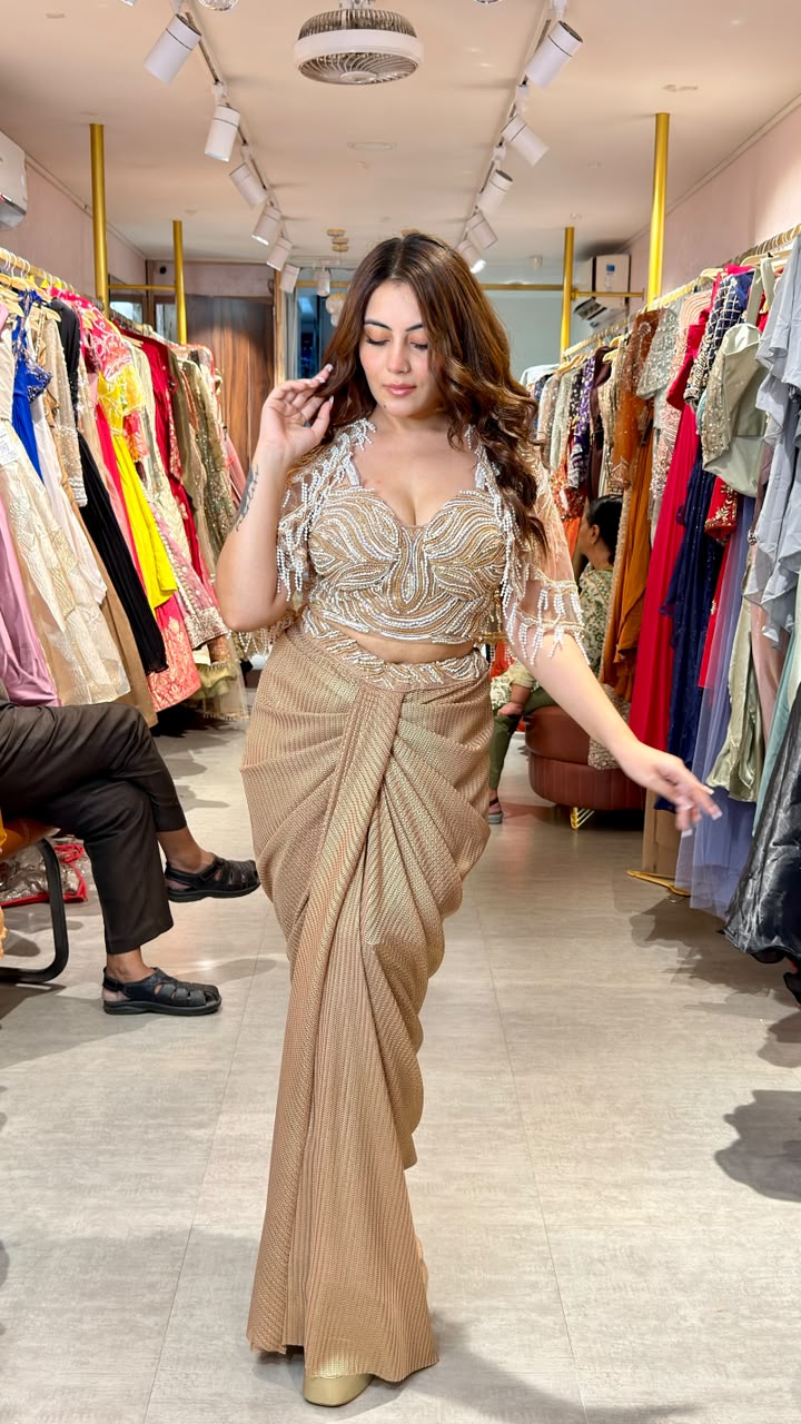 Champagne Gold Embellished Ready-to-Wear Saree with Cape Blouse