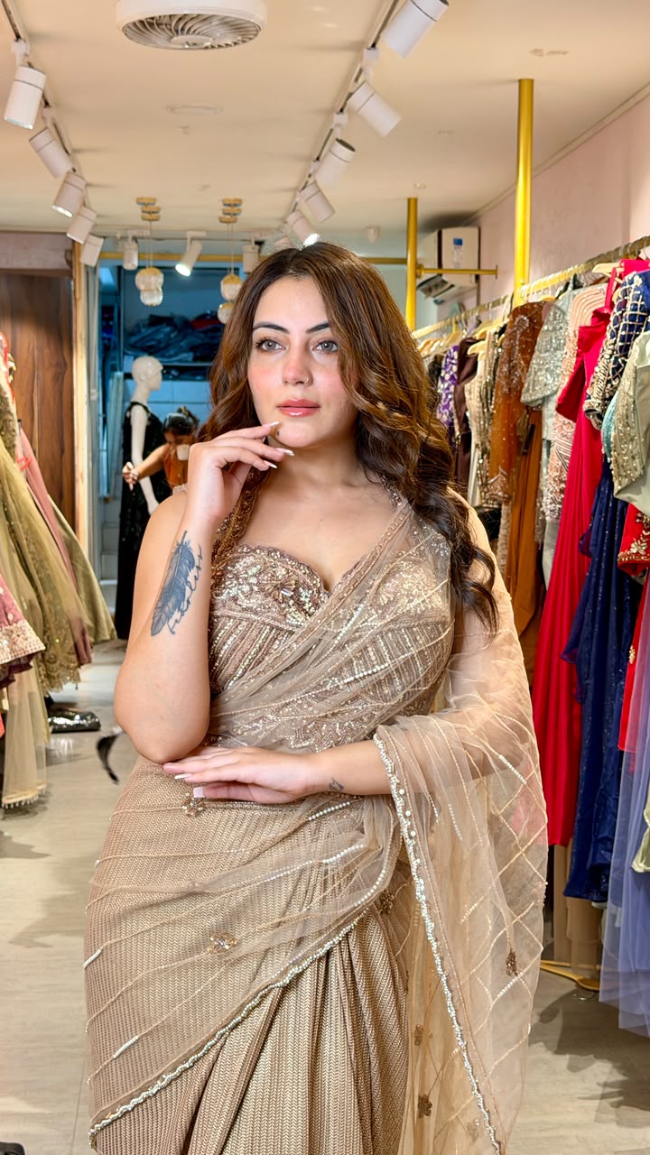 Champagne Gold Ready-to-Wear Party Saree with Embellished Blouse