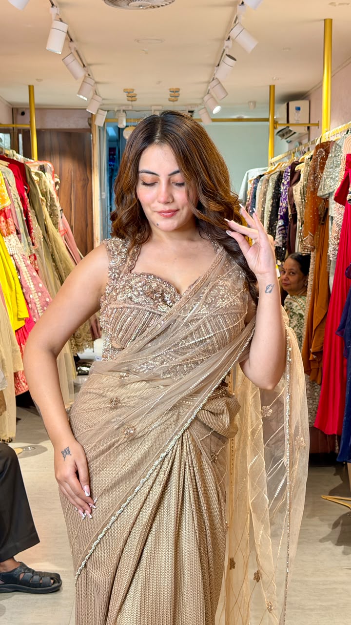 Champagne Gold Ready-to-Wear Party Saree with Embellished Blouse