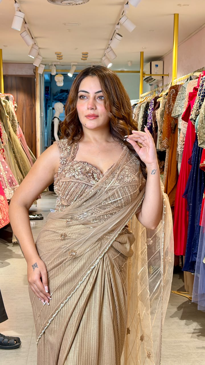 Champagne Gold Ready-to-Wear Party Saree with Embellished Blouse