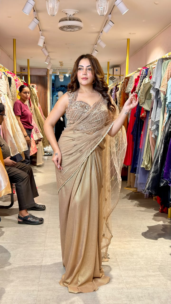 Champagne Gold Ready-to-Wear Party Saree with Embellished Blouse