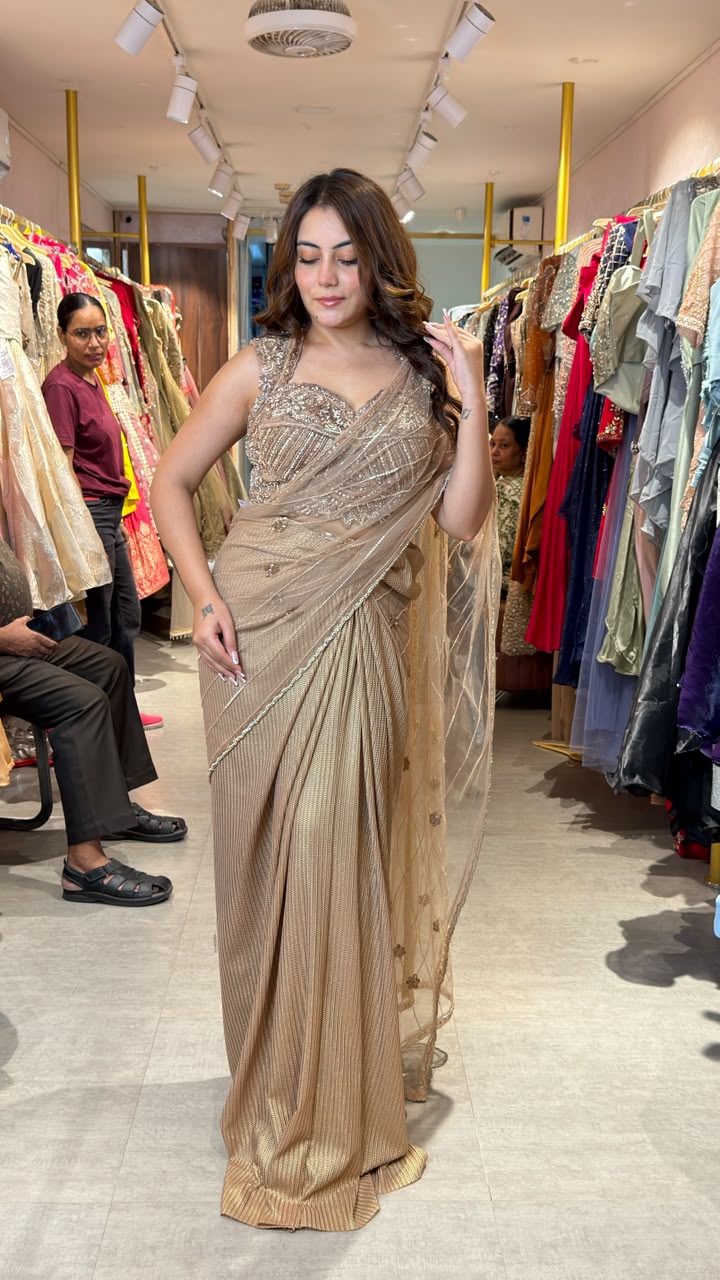 Champagne Gold Ready-to-Wear Party Saree with Embellished Blouse
