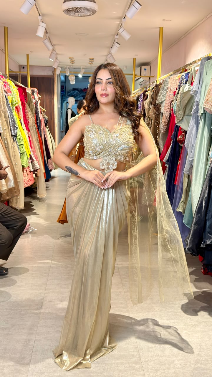 Golden Drape Saree Gown with Embellished Blouse
