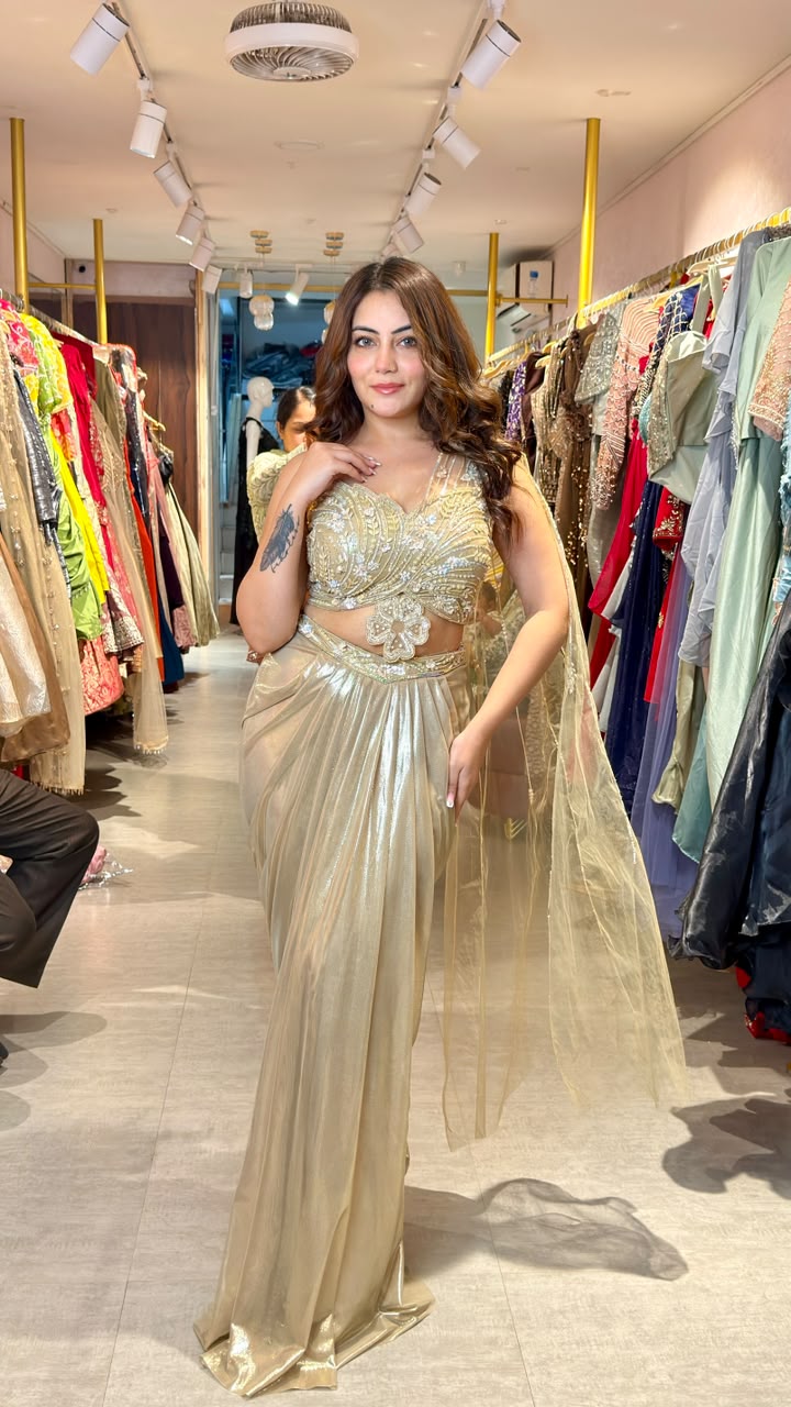 Golden Drape Saree Gown with Embellished Blouse