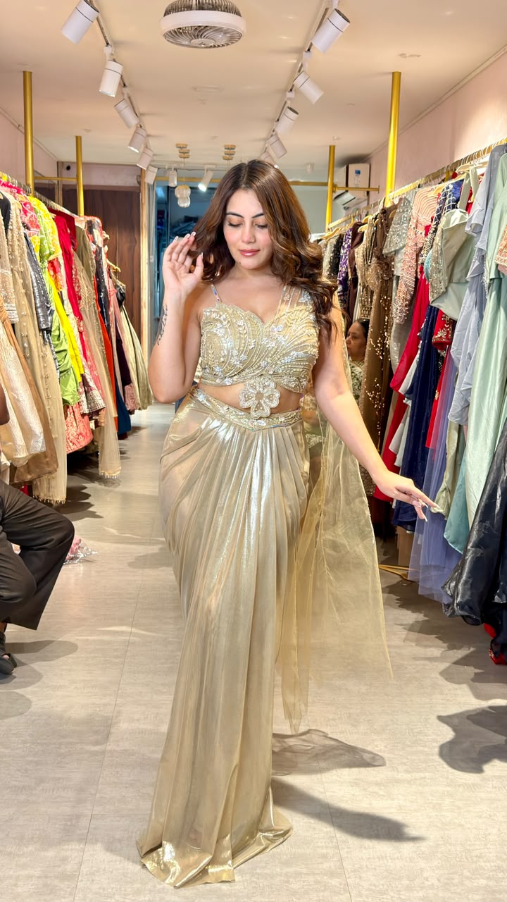 Golden Drape Saree Gown with Embellished Blouse