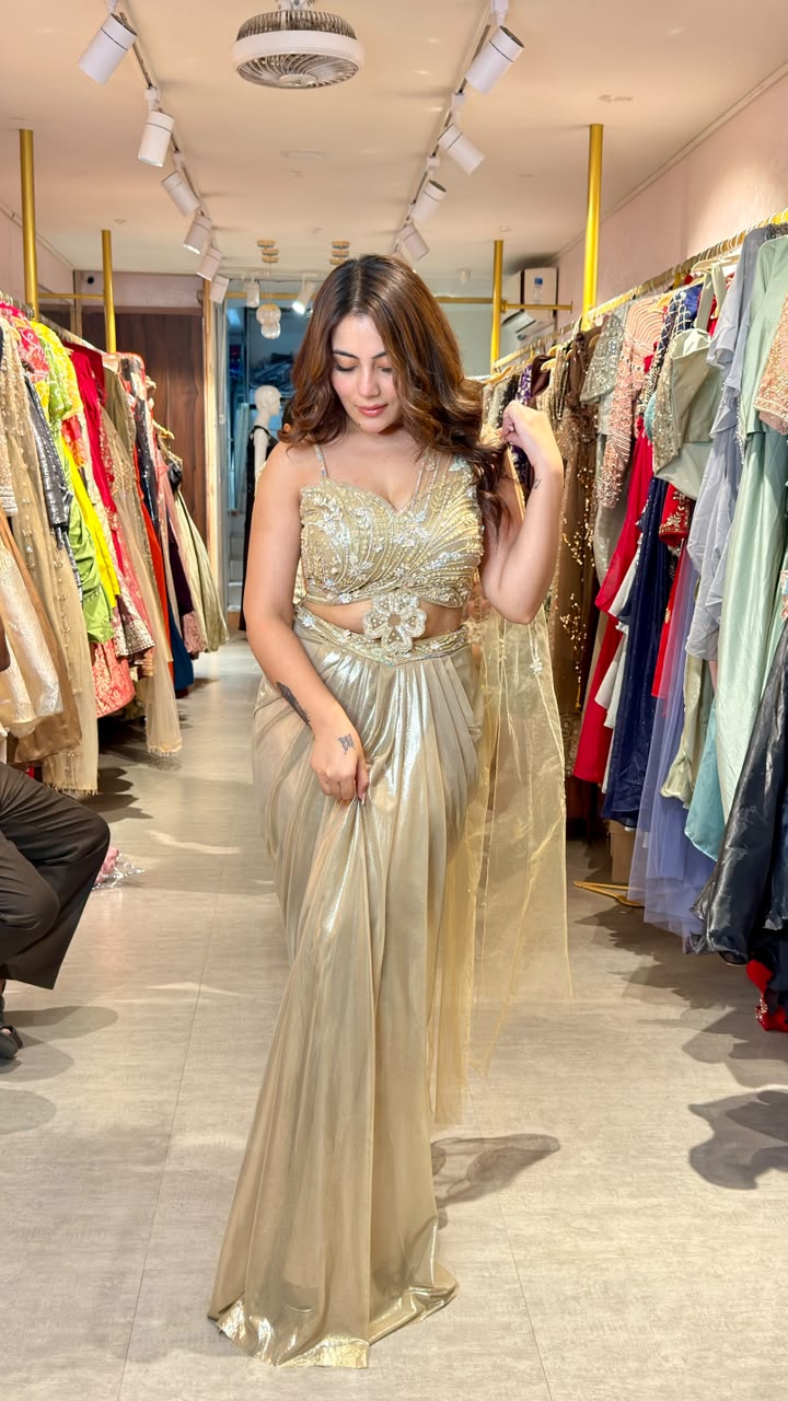 Golden Drape Saree Gown with Embellished Blouse