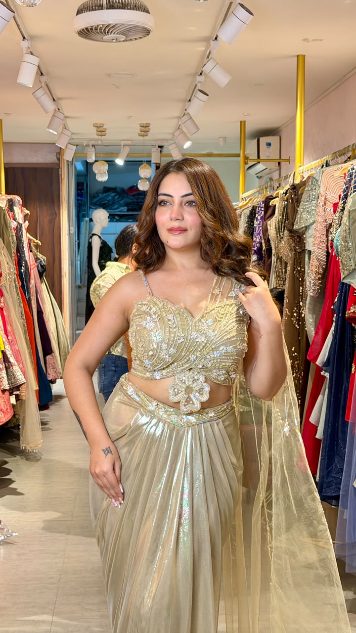 Golden Drape Saree Gown with Embellished Blouse