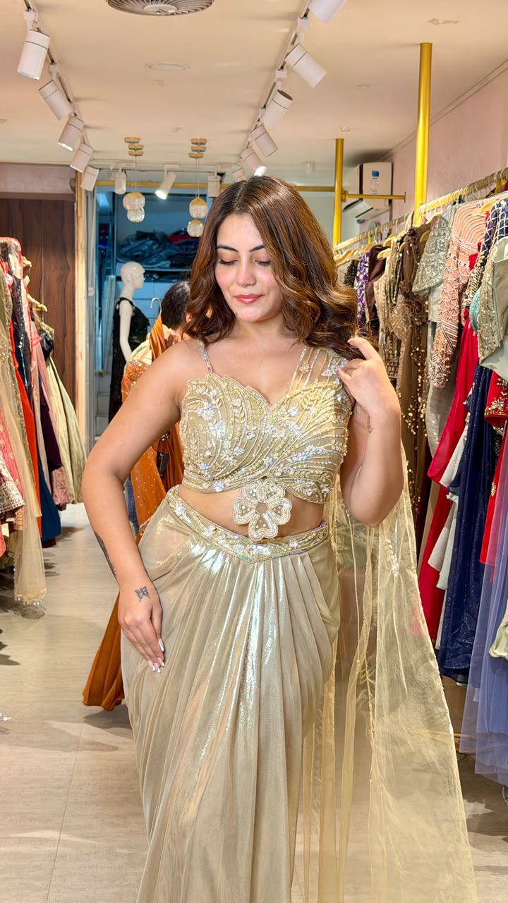 Golden Drape Saree Gown with Embellished Blouse