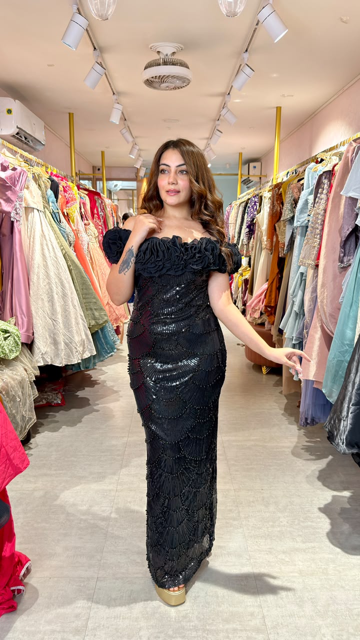 Black Off-Shoulder Hand-Embellished Mermaid Gown