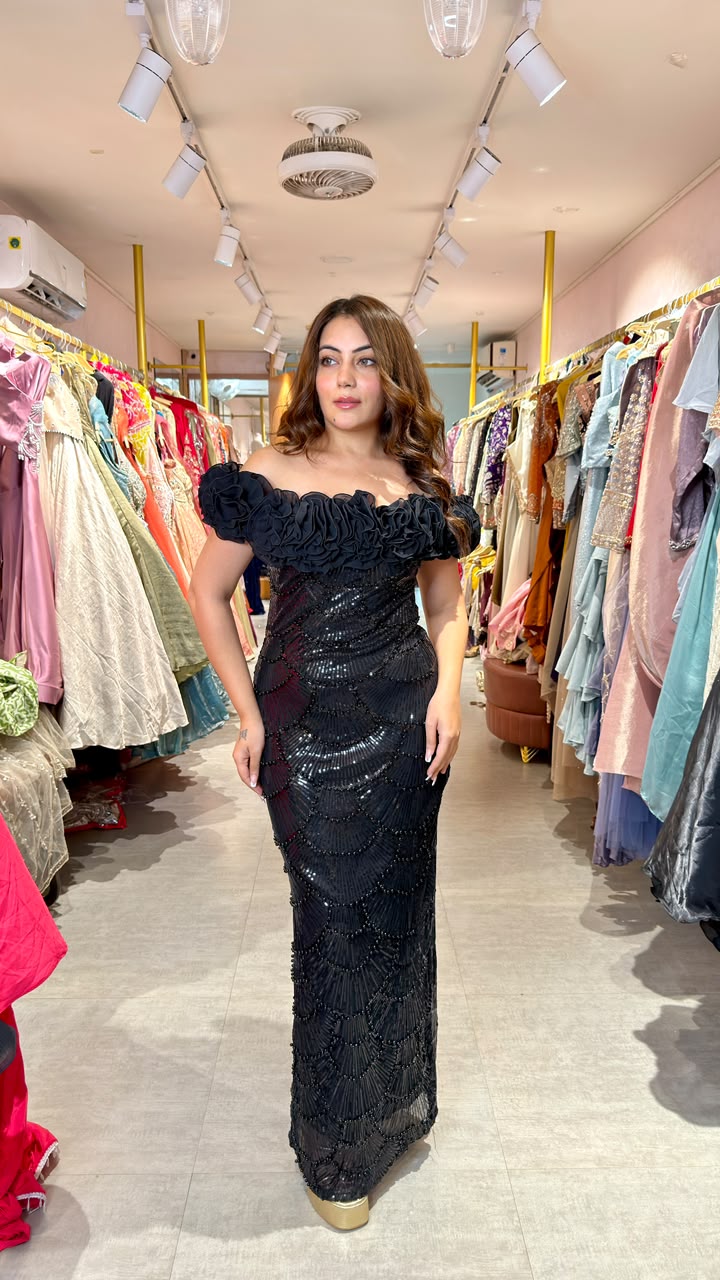 Black Off-Shoulder Hand-Embellished Mermaid Gown