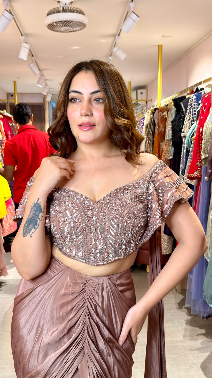 Designer Ready-to-Wear Draped Saree with Embellished Off-Shoulder Blouse