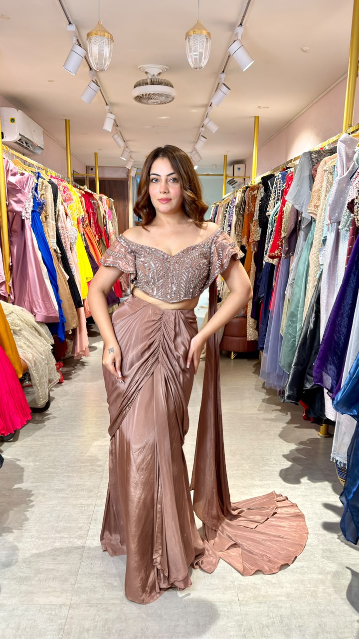 Designer Ready-to-Wear Draped Saree with Embellished Off-Shoulder Blouse