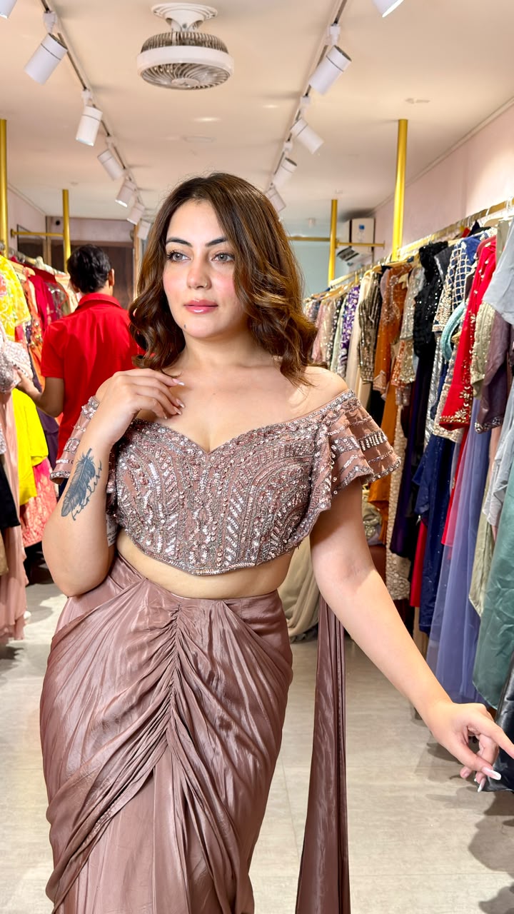 Designer Ready-to-Wear Draped Saree with Embellished Off-Shoulder Blouse