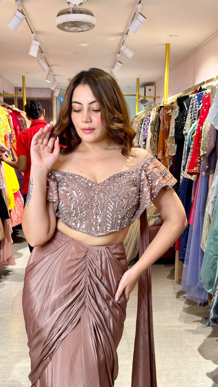 Designer Ready-to-Wear Draped Saree with Embellished Off-Shoulder Blouse