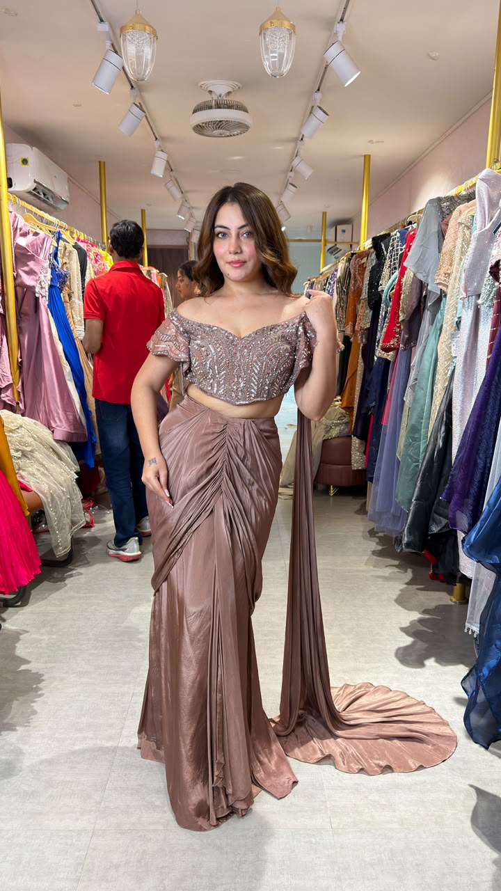 Designer Ready-to-Wear Draped Saree with Embellished Off-Shoulder Blouse