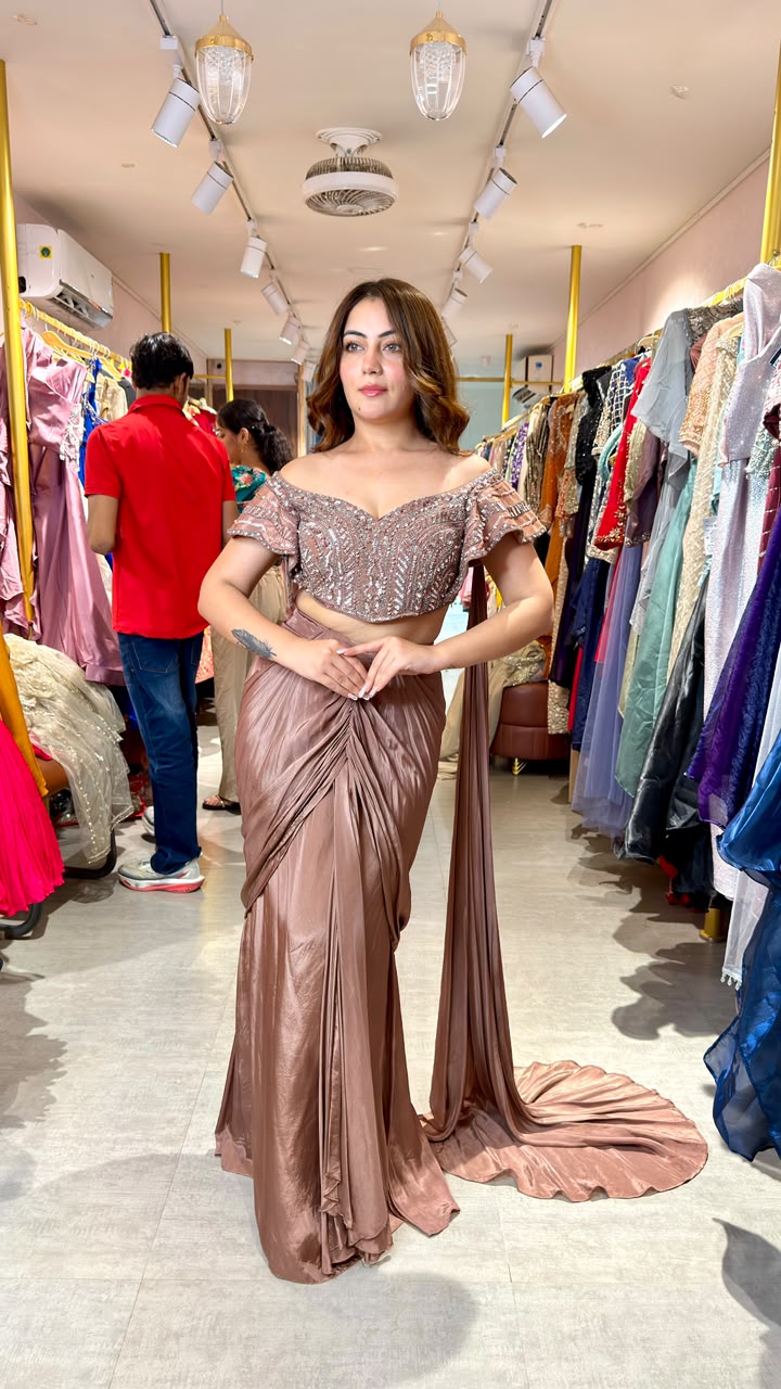 Designer Ready-to-Wear Draped Saree with Embellished Off-Shoulder Blouse