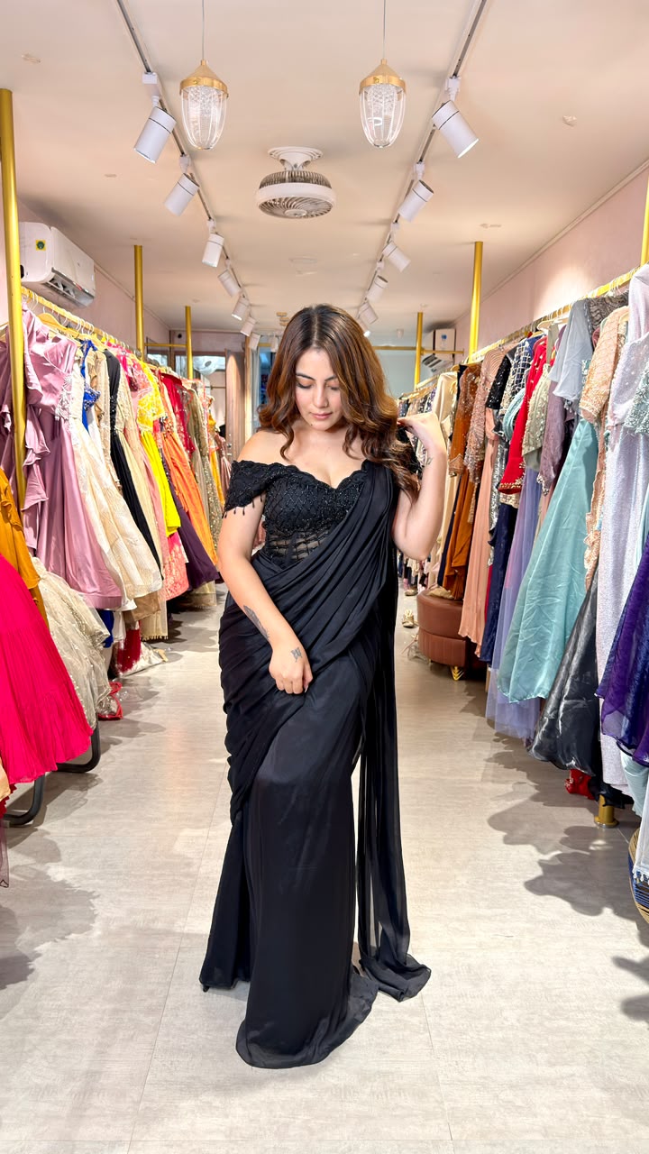 Black Designer Ready-to-Wear Saree with Embellished Corset Blouse