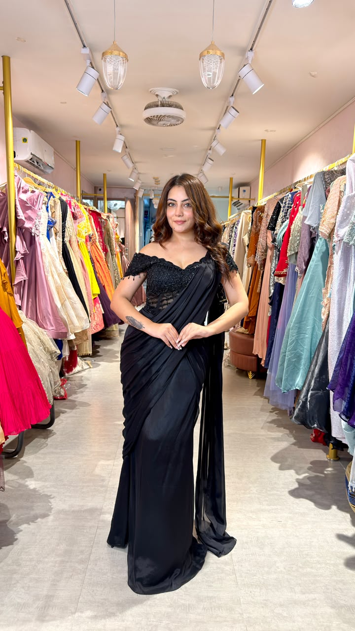 Black Designer Ready-to-Wear Saree with Embellished Corset Blouse