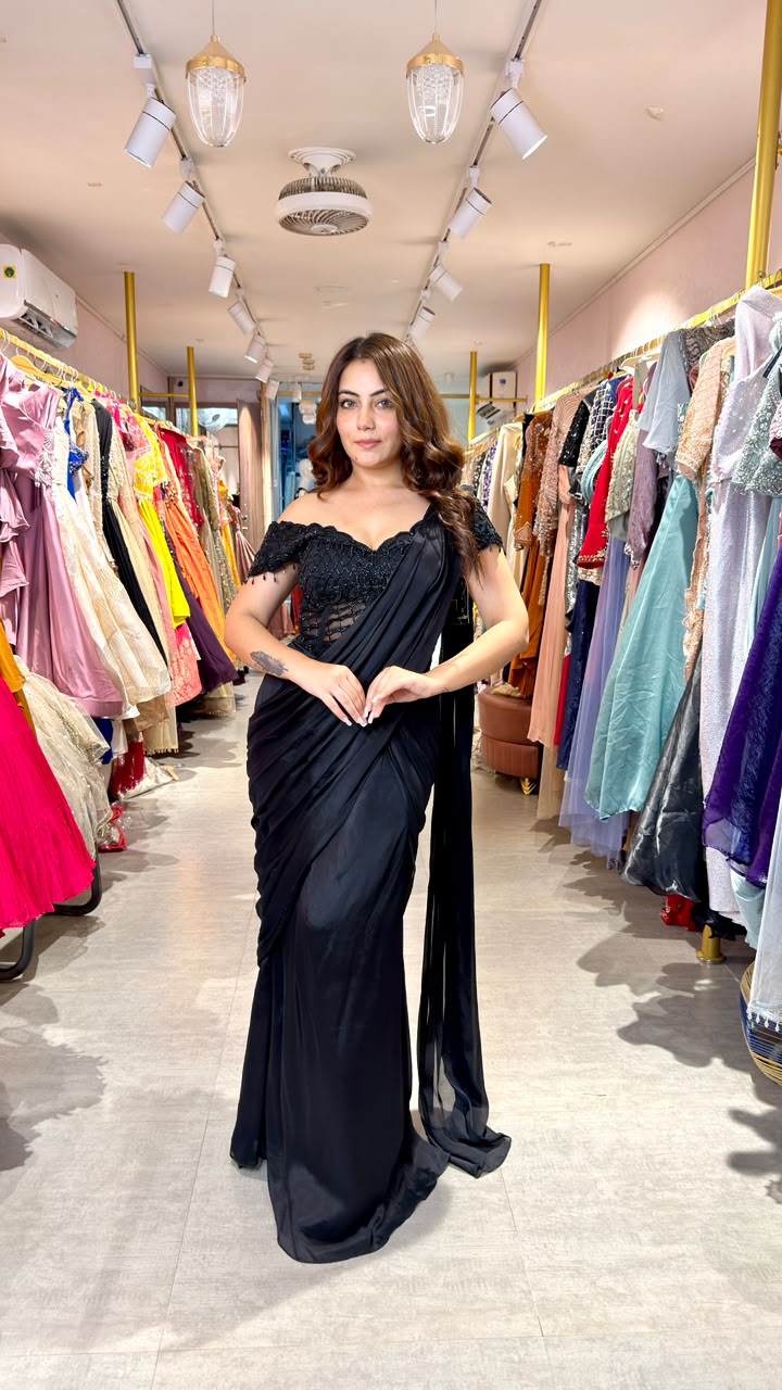 Black Designer Ready-to-Wear Saree with Embellished Corset Blouse