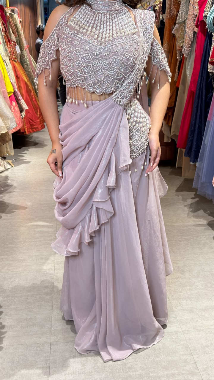 Designer Embellished Drape Saree with Hand-Embroidered Halter Blouse