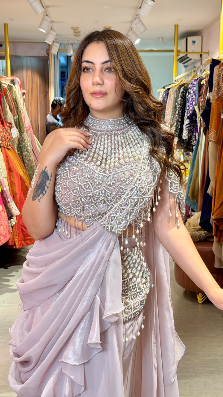 Designer Embellished Drape Saree with Hand-Embroidered Halter Blouse