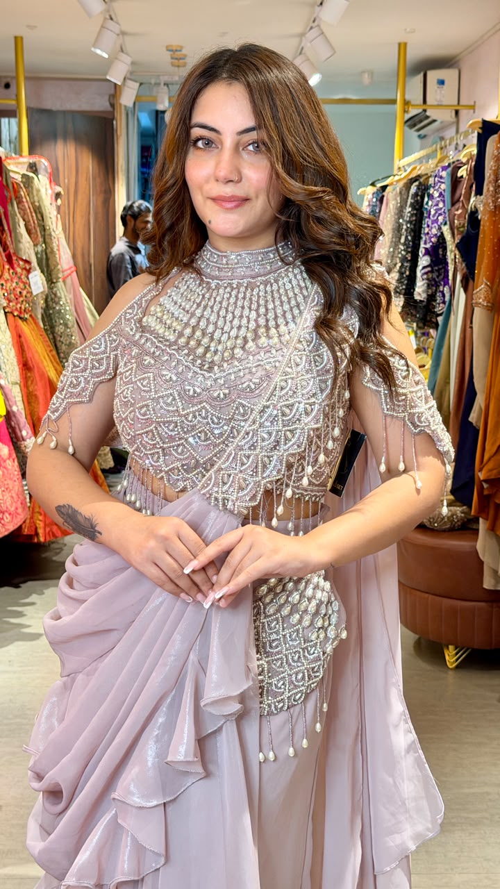 Designer Embellished Drape Saree with Hand-Embroidered Halter Blouse