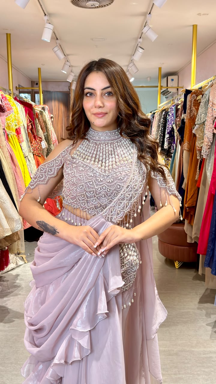 Designer Embellished Drape Saree with Hand-Embroidered Halter Blouse