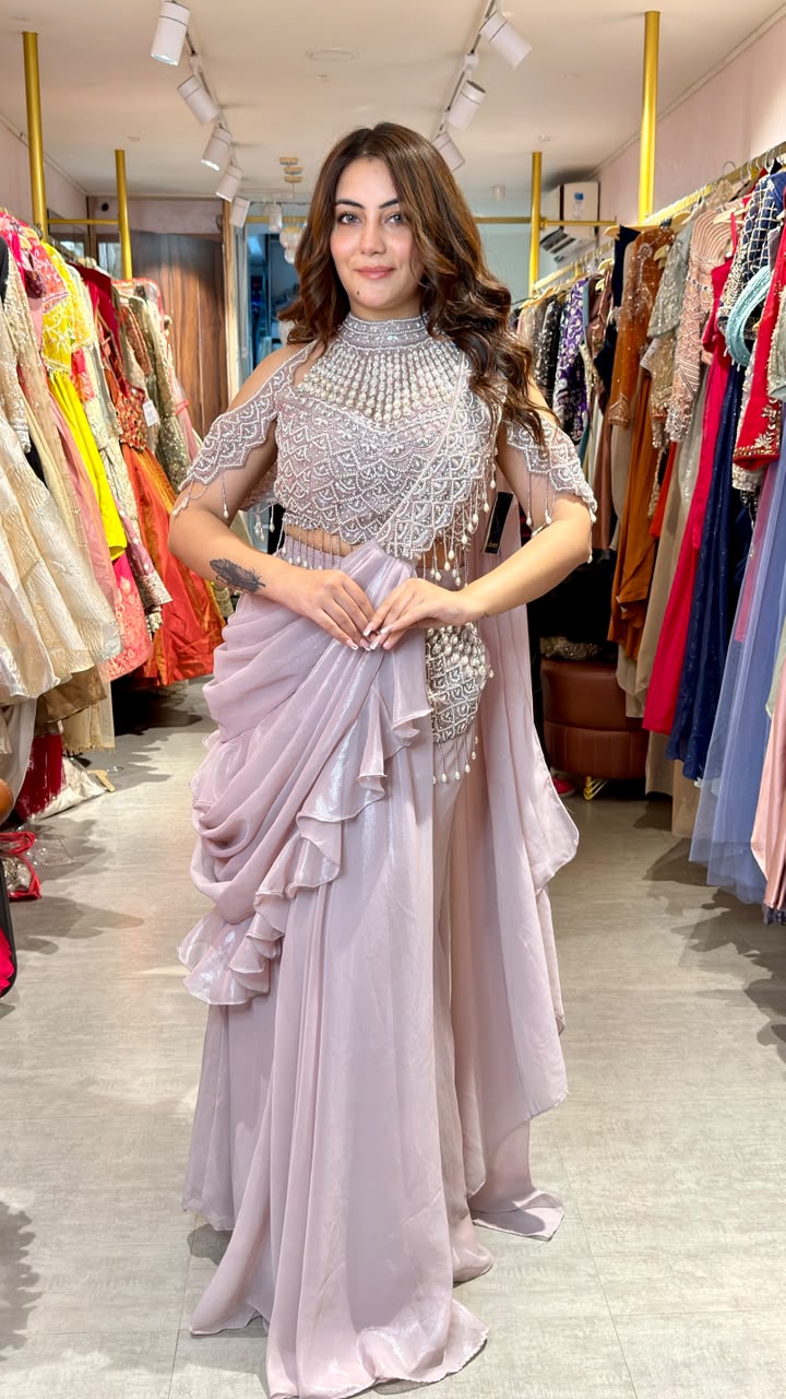 Designer Embellished Drape Saree with Hand-Embroidered Halter Blouse