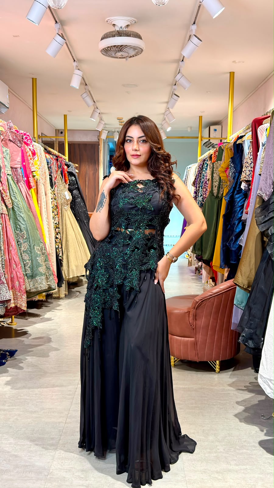 Emerald Embellished Floral Appliqué Evening Gown