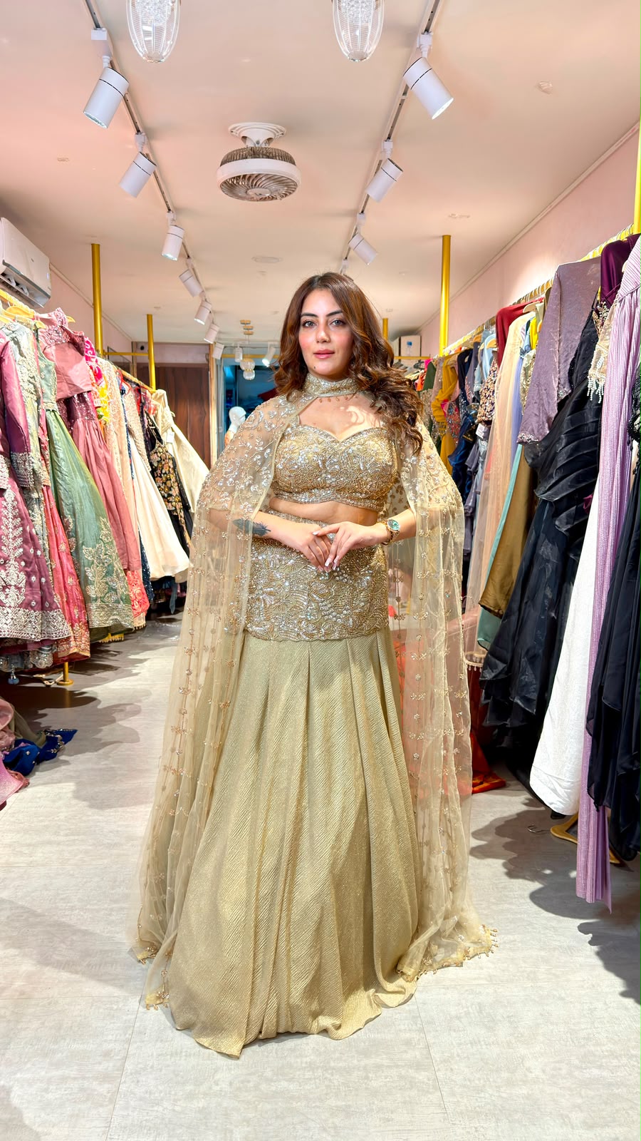 Champagne Gold Bridal Lehenga Set with Embellished Cape Dupatta