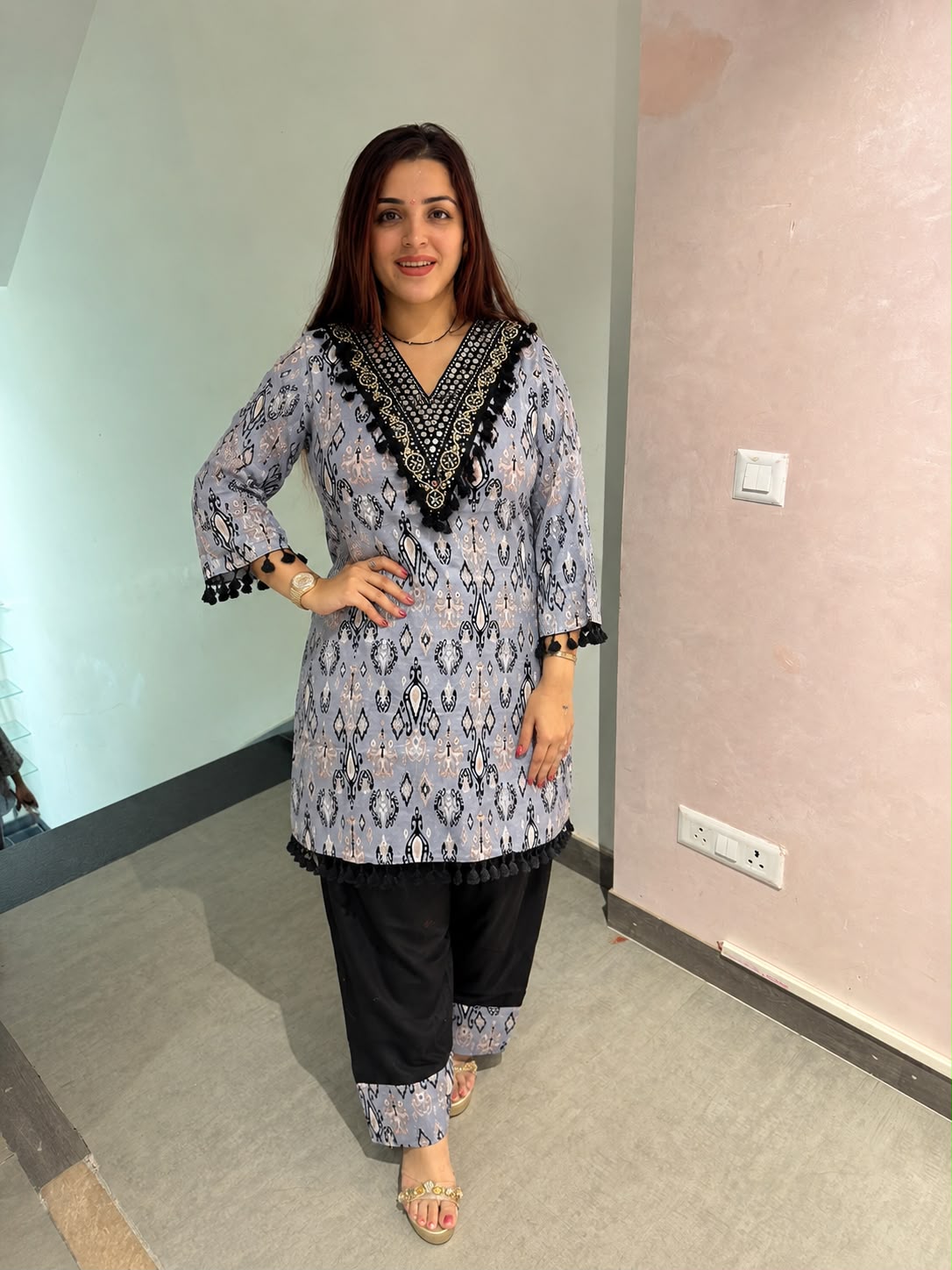 Black Ikat Print Kurta Palazzo Co-ord Set