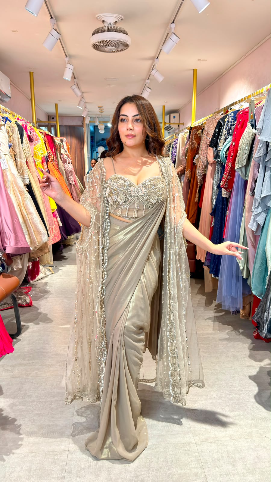 Designer Metallic Drape Saree with Embellished Corset Blouse & Beaded Cape
