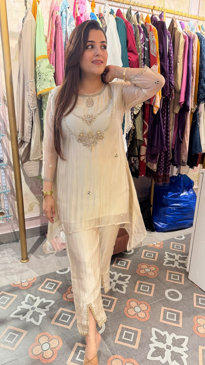 Ivory Embellished Organza Kurta Set