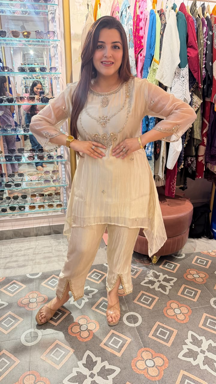 Ivory Embellished Organza Kurta Set
