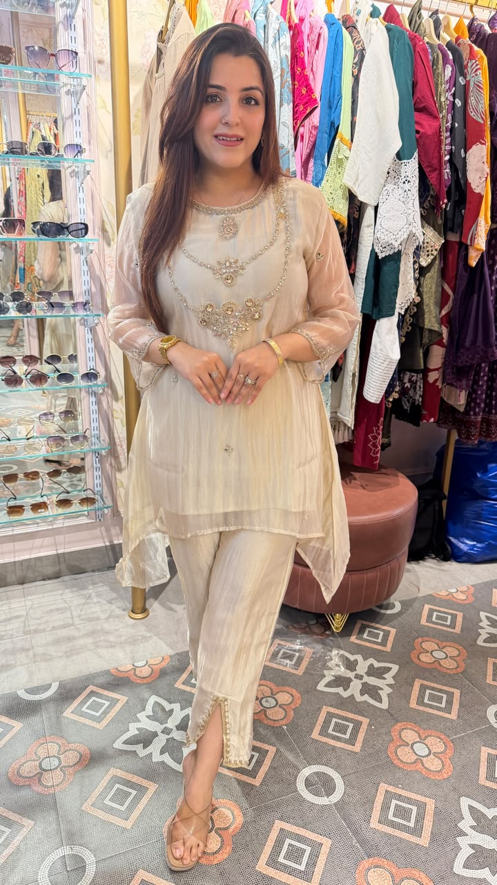 Ivory Embellished Organza Kurta Set