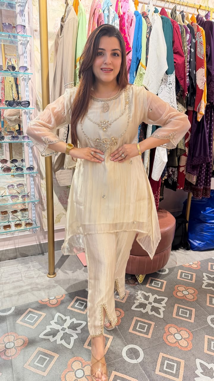 Ivory Embellished Organza Kurta Set