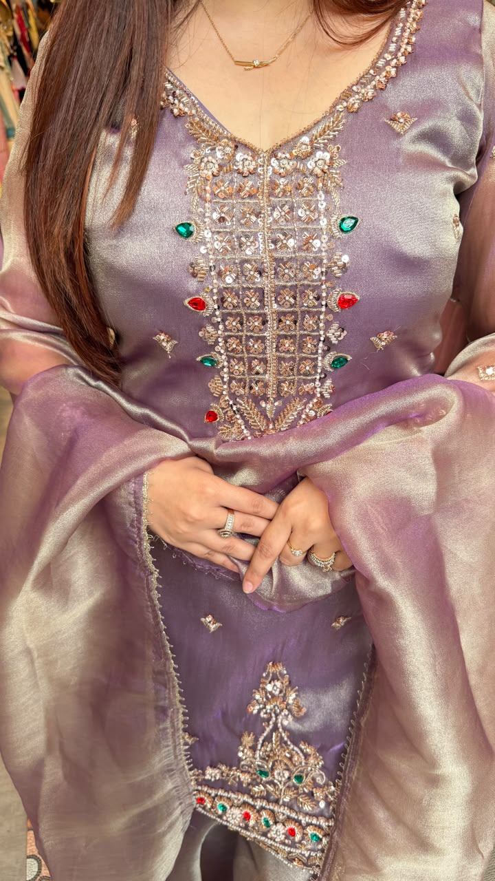 Luxury Shimmer Silk Embellished Pakistani Suit Set with Organza Dupatta