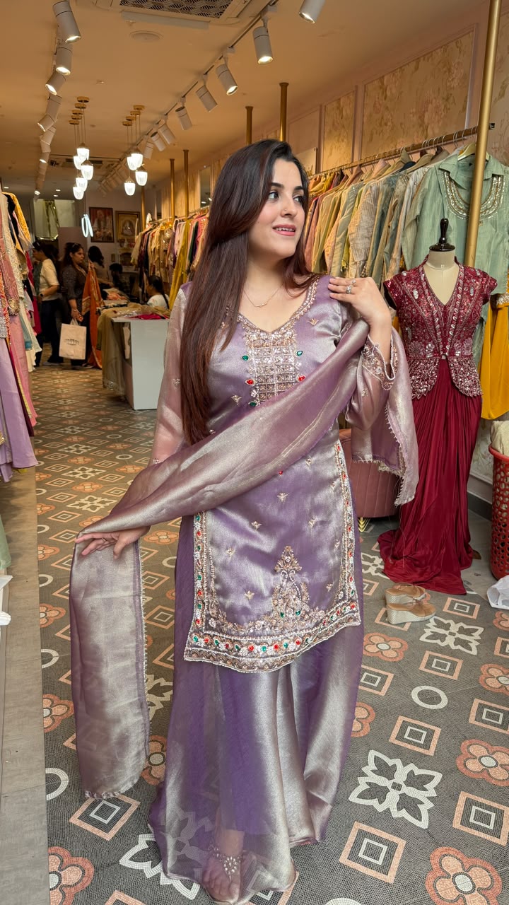 Luxury Shimmer Silk Embellished Pakistani Suit Set with Organza Dupatta