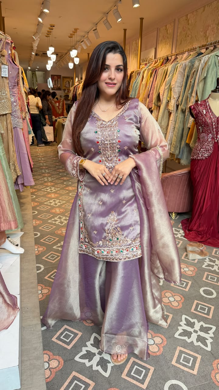 Luxury Shimmer Silk Embellished Pakistani Suit Set with Organza Dupatta