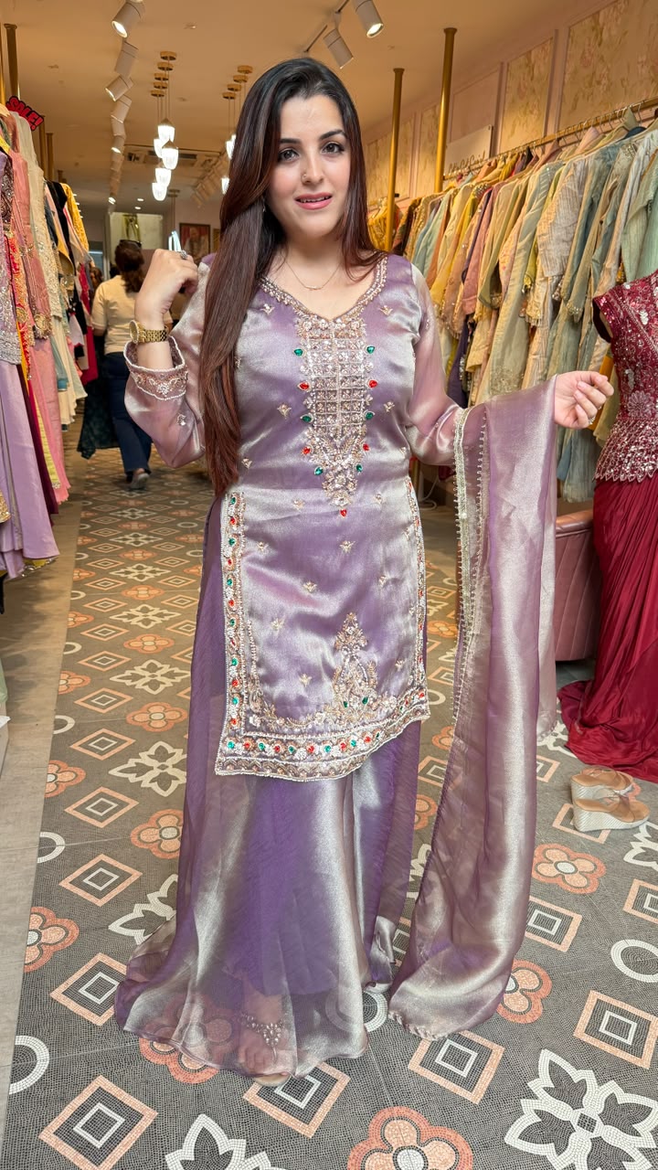 Luxury Shimmer Silk Embellished Pakistani Suit Set with Organza Dupatta