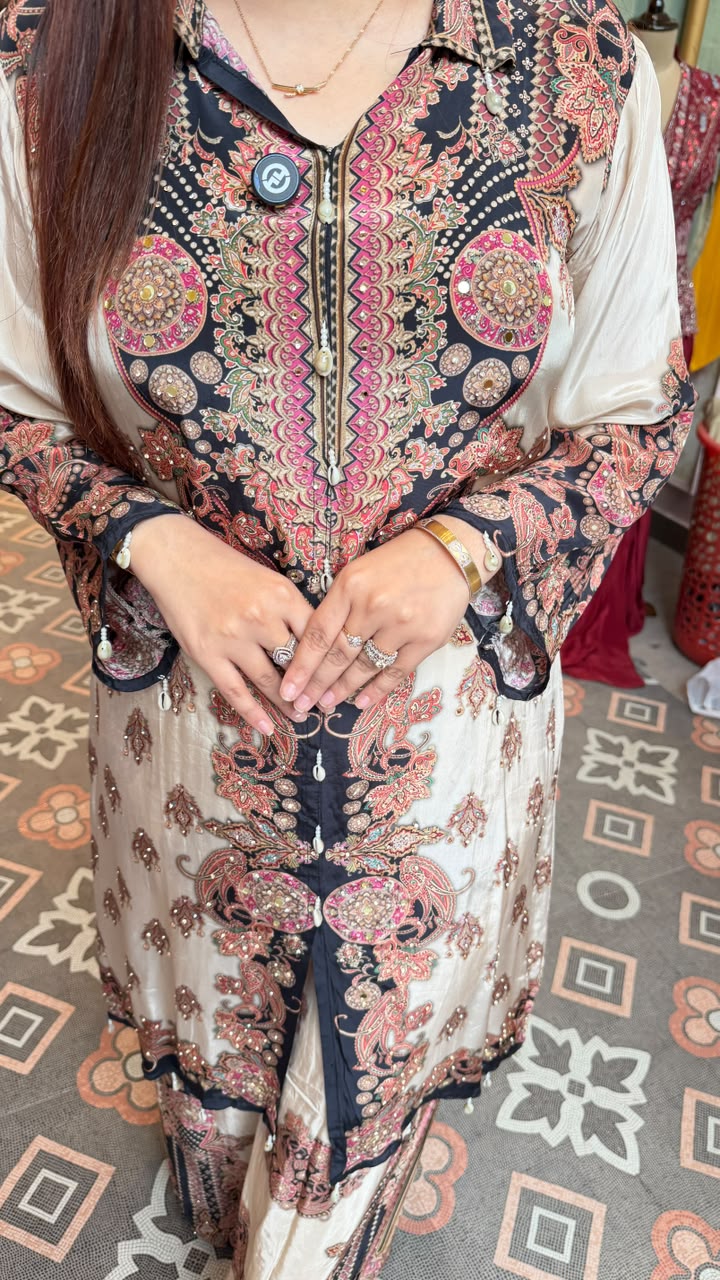Digital Printed Silk Co-ord Set with Long Overlay Kurti