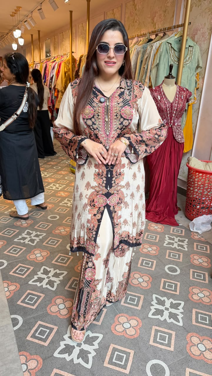 Digital Printed Silk Co-ord Set with Long Overlay Kurti